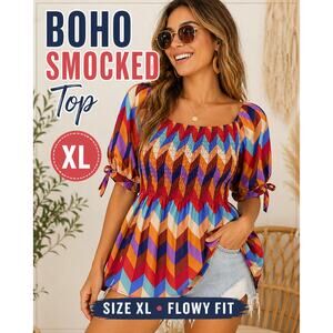 Boho Smocked Peasant Top XL Colorful Chevron Puff Sleeve